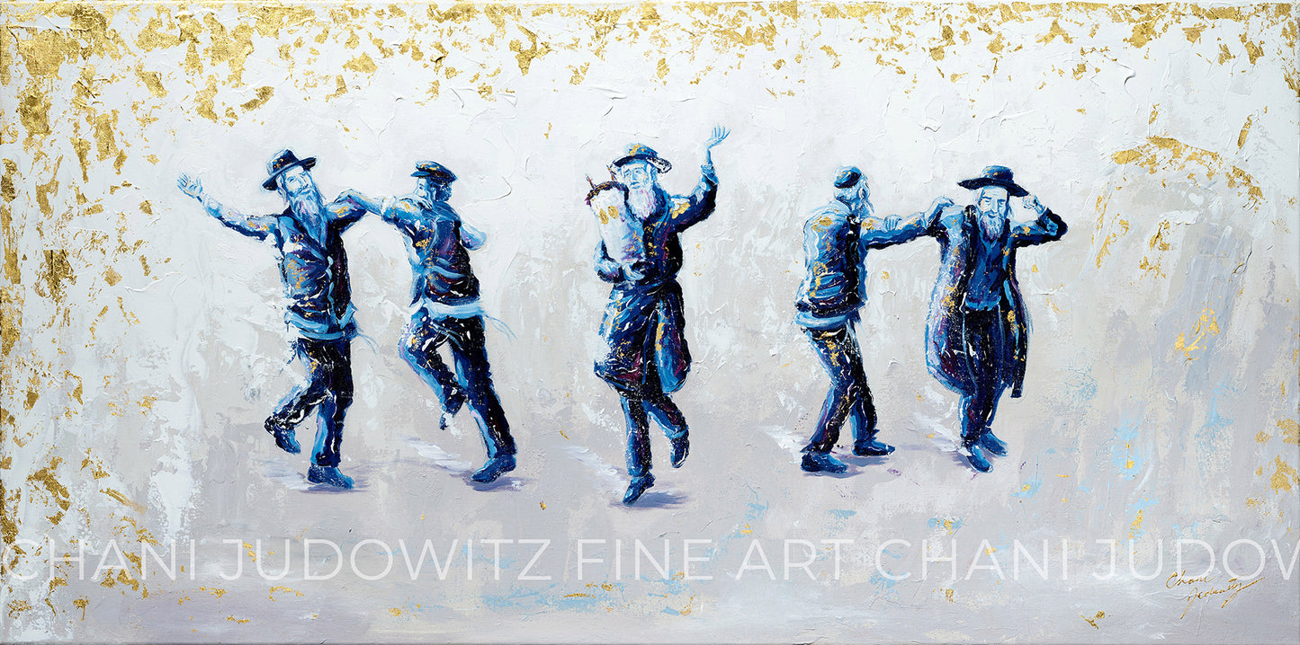 White Blue Gold Dancing Chassidim Semi Original Giclee