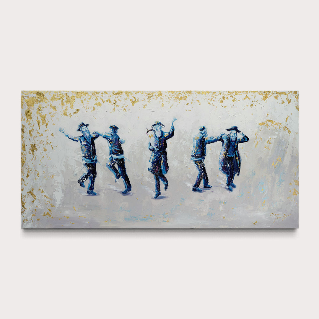 White Blue Gold Dancing Chassidim Semi Original Giclee
