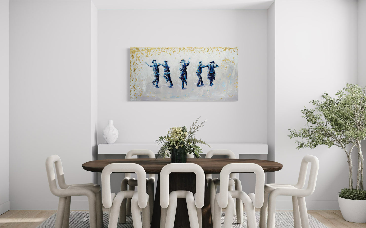 White Blue Gold Dancing Chassidim Semi Original Giclee